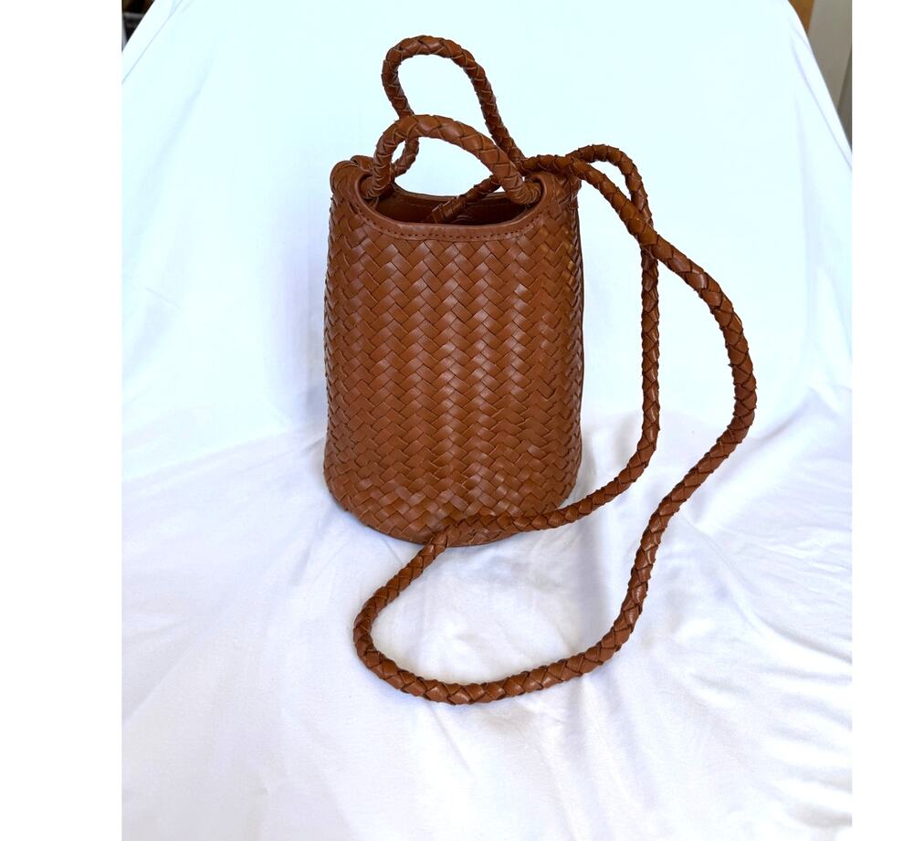 Bembien Lina Bucket Crossbody Bag Woven Leather Purse, Sienna Cognac Brown Purse